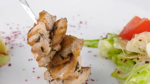 Caesar salad with chicken, original design, served in restaurant, close-up view Stock Footage 94209899