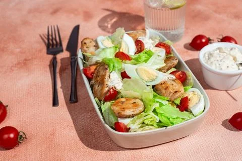 Caesar salad with chicken in a white plate on the table. Stock Photos