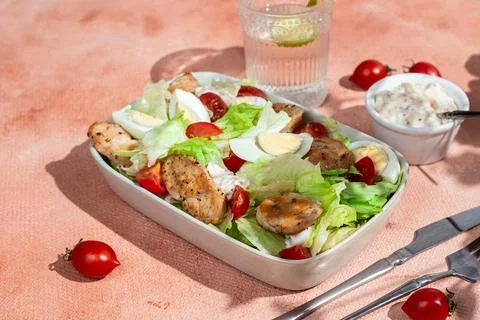 Caesar salad with chicken in a white plate on the table. Stock Photos