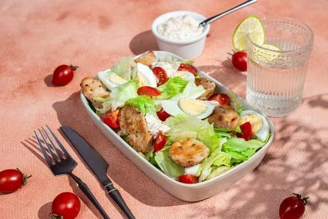 Caesar salad with chicken in a white plate on the table. Stock Photos
