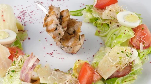 Caesar salad, creative serving in restaurant Stock Footage 94209122