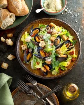 Caesar Salad with Mussels Stock Photos
