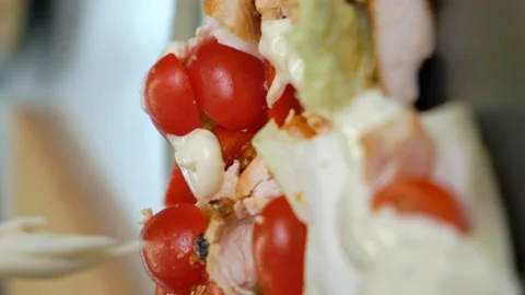 Caesar Salad. Plate with Culinary Masterpiece. Spoon Chef Adds Thick White Sauce Stock Footage 147345968