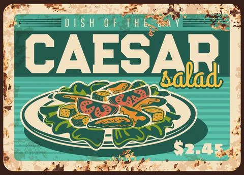 Caesar salad rusty metal plate, vector price tag Stock Illustration