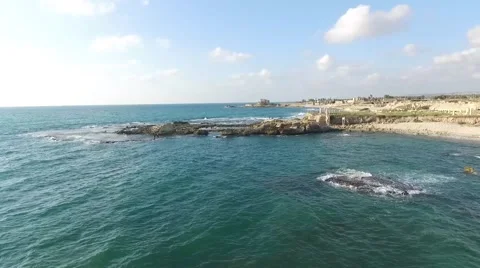 Caesarea - Herod's Palace; Pools - View from the sea Stock Footage 63749352