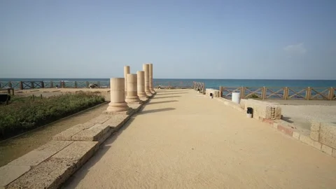 Caesarea Maritima square stone pillars and mediterranean, 2023 Stock Footage 299333826
