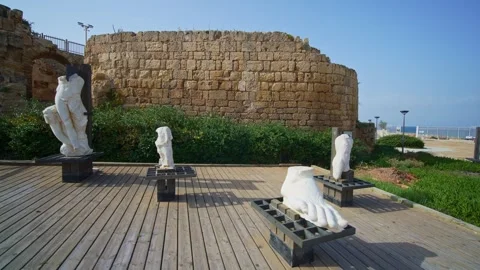 Caesarea Maritima statues Steadicam, 2023 Stock Footage 299333312