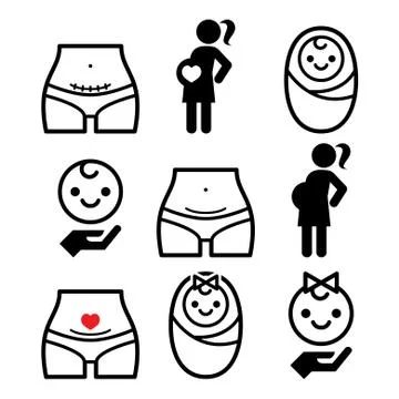 Caesarean section, c-section, pregnant woman, baby icons set Stock Illustration
