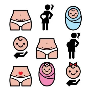 Caesarean section, c-section, pregnant woman, baby icons set Stock Illustration