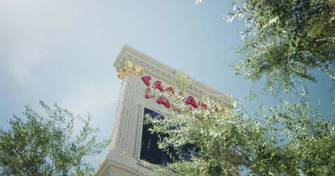 Caesars Palace sign seen behind tree branches, Paradise, Nevada, US Видео 250698894