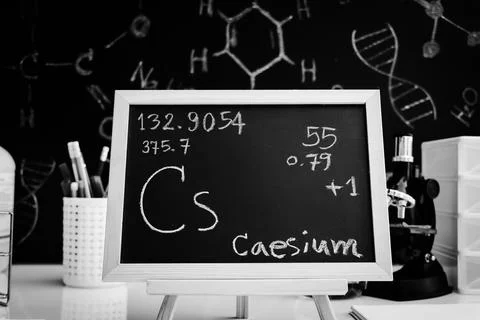 Caesium and symbol structural formula chemical on the blackboard 写真素材