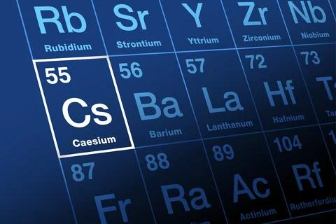 Caesium, Cesium, on periodic table of the elements, element symbol Cs Illustrazione stock