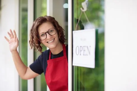 Caf opening on first day. Open door sign. Stock Photos