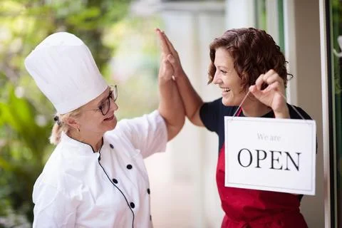 Caf opening on first day. Open door sign. Stock Photos