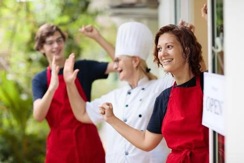 Caf opening on first day. Open door sign. Stock Photos