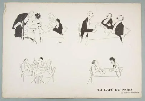 At the CafÃ de Paris One evening of Christmas Eve pl. Z Teki Karykatur: SE.. Stock Photos