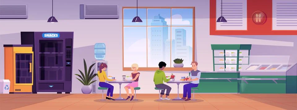 Cafe and restaurant interior vector flat illustration, cartoon children eating 스톡 일러스트