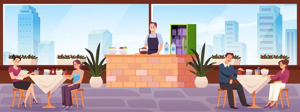 Cafe and restaurant interior vector flat illustration, cartoon people eating in Stock Illustration