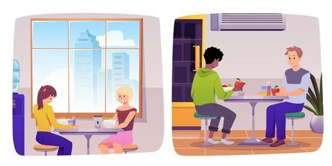Cafe and restaurant interior vector flat illustrations set, cartoon children Stock Illustration