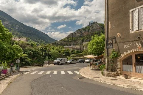 Cafe and restaurant in Sainte-Enimie, Gorges du Tarn, Occitania, France Stock Photos