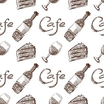 Cafe and Restaurant Seamless Pattern Scribble Line Art Vector, Hand Drawn Wine Stock Illustration