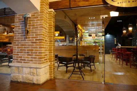 Cafe and shops inside gallery of old bastion in Ivano-Frankivsk, Ukraine Fotos de archivo