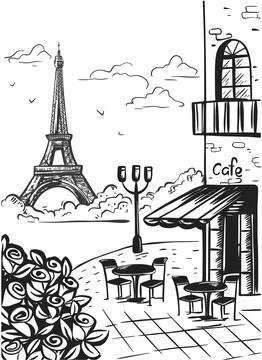 Cafe on background of Eiffel Tower sketch Stockillustratie