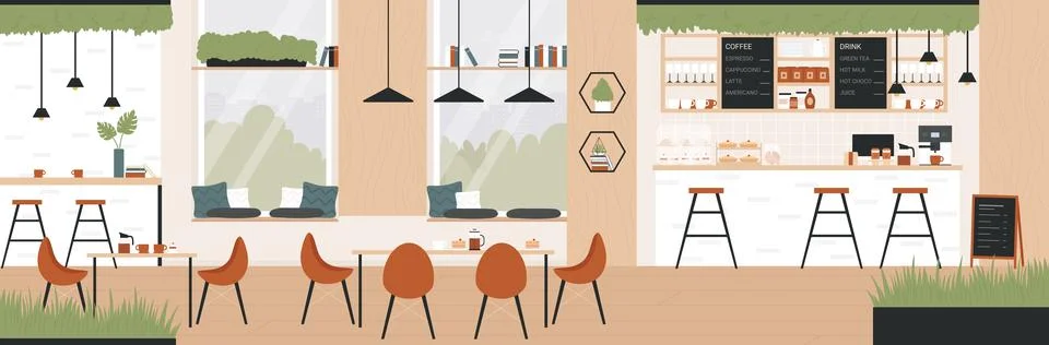 Cafe bar empty interior, cafeteria, coffee shop room design with table, chairs Illustration