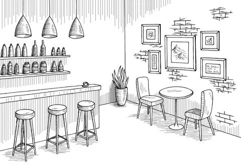 Cafe bar graphic black white interior sketch illustration vector Stock Illustration