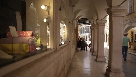 Cafe bar in narrow arcade in Corfu Town, Corfu Town, Corfu, Greece Stock Footage 277494980