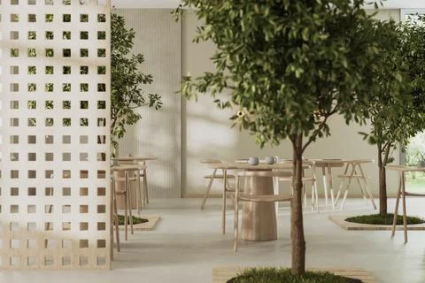 Cafe bar restaurant, 3d render. Empty restaurant interior daytime with wooden Stock Illustration