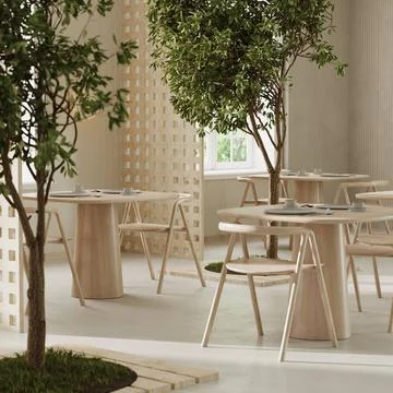 Cafe bar restaurant, 3d render. Empty restaurant interior daytime with woo... Stock Photos
