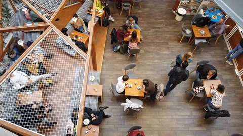 A cafe bar in a shopping mall, top down view. Stock Footage