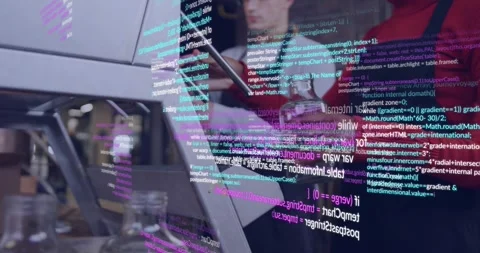 Cafe barista tapping POS placing jar under spout as coworker pouring, code Stock Footage 330768099