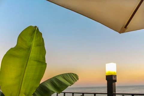 Cafe on the beach, big leaf ocean and sky Foto stock