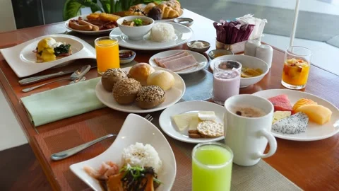 Cafe Breakfast Concept, Coffee Cup, Food Dishes Table, Set of Luncheon Food Stock Footage 144686201