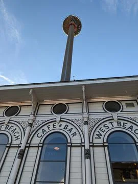 Cafe on Brighton Seafront In Front Of The Observation Tower Stock Photos