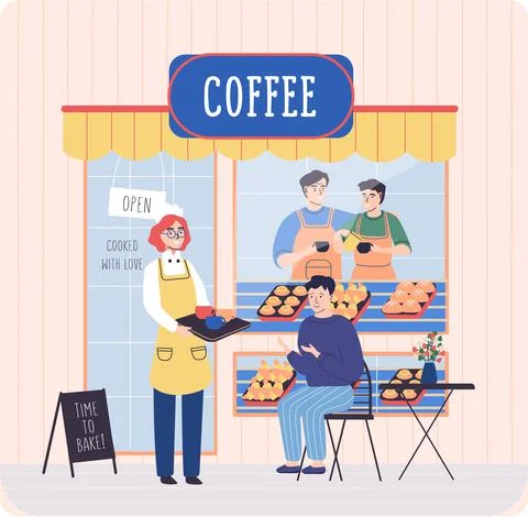 Cafe building facade customer man talking to female waitress in uniform makes an Ilustración de archivo