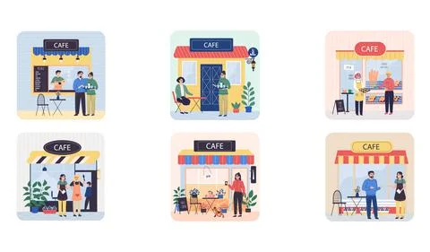 Cafe building facade customer talking to female waitress in uniform makes an Ilustración de archivo