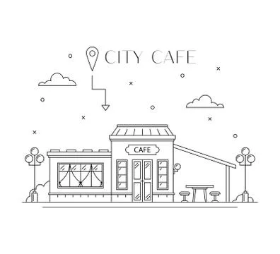 Cafe building facade flat line design Stock Illustration