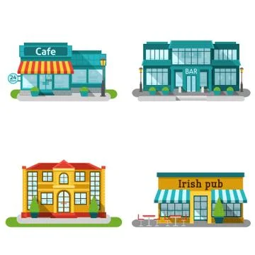 Cafe Buildings Flat Set Ilustración de archivo