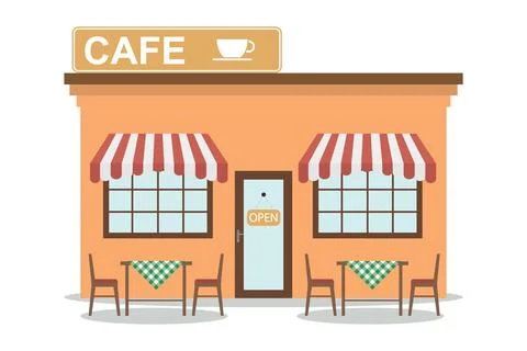 Cafe, cafe facade in retro style with tables isolated on white background. Stock Illustration