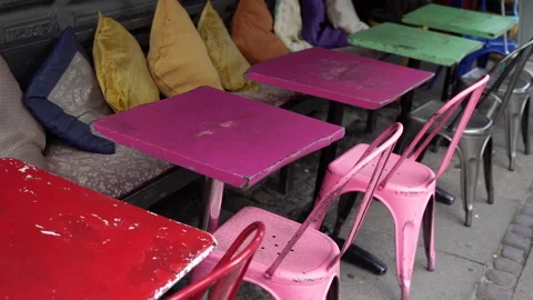 Cafe. Cafe without people. Multicolored tables. Stock Footage 236340931
