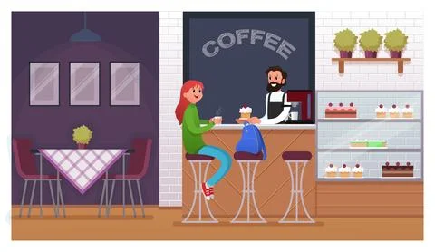 Cafe casual interior with people. Flat vector illustration. Customer with a cup Stock Illustration