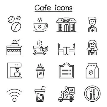 Cafe, Coffee icon set in thin line style 스톡 일러스트