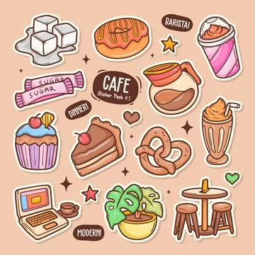 Cafe Cute Doodle Vector Sticker Collection 1 Ilustración de archivo