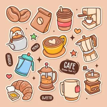 Cafe Cute Doodle Vector Sticker Collection 2 Ilustración de archivo