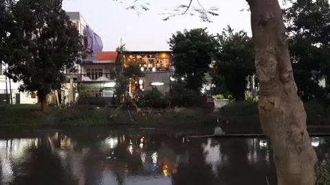 Cafe Environment and Its Reflection on the River Stock Footage 338193593