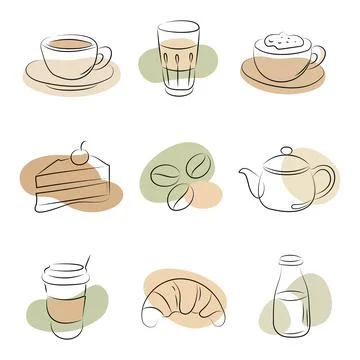 Cafe essentials set minimalist line art Stock Illustration