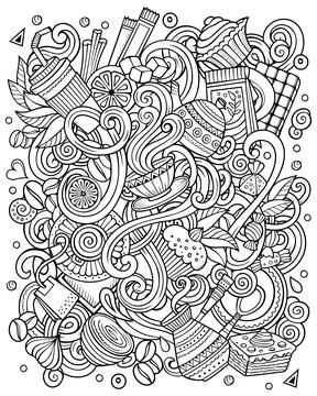 Cafe funny hand drawn raster doodles illustration. 스톡 일러스트